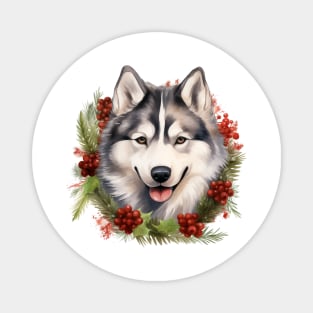 Christmas Husky Dog Wreath Magnet